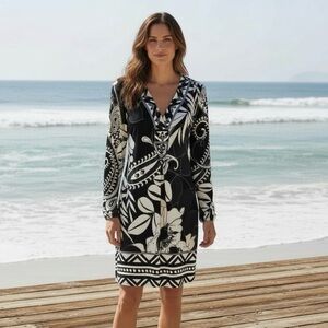 Hale Bob 100% Silk Black &‎ White Paisley Floral Print V-Neck Midi Dress